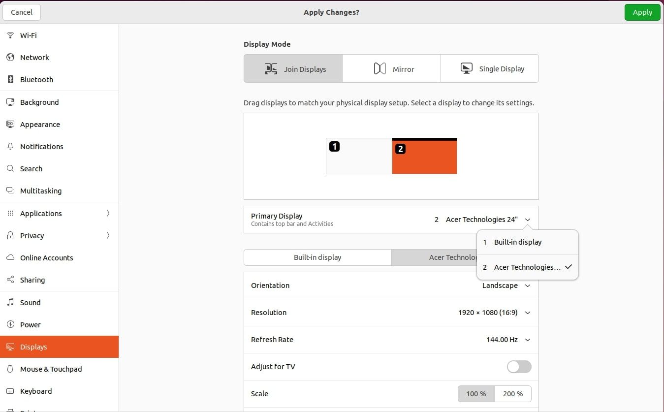 Выбор основного монитора в настройках Ubuntu