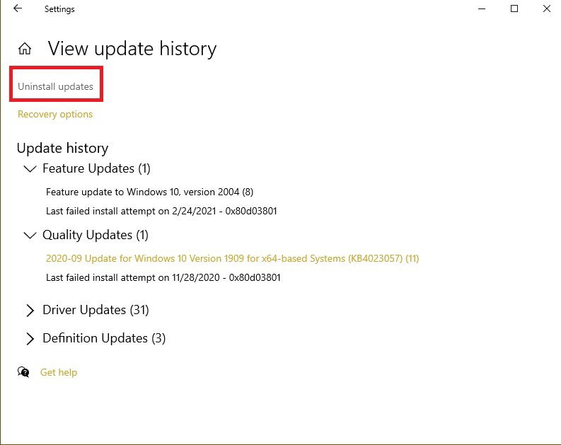 Список установленных обновлений Windows для удаления