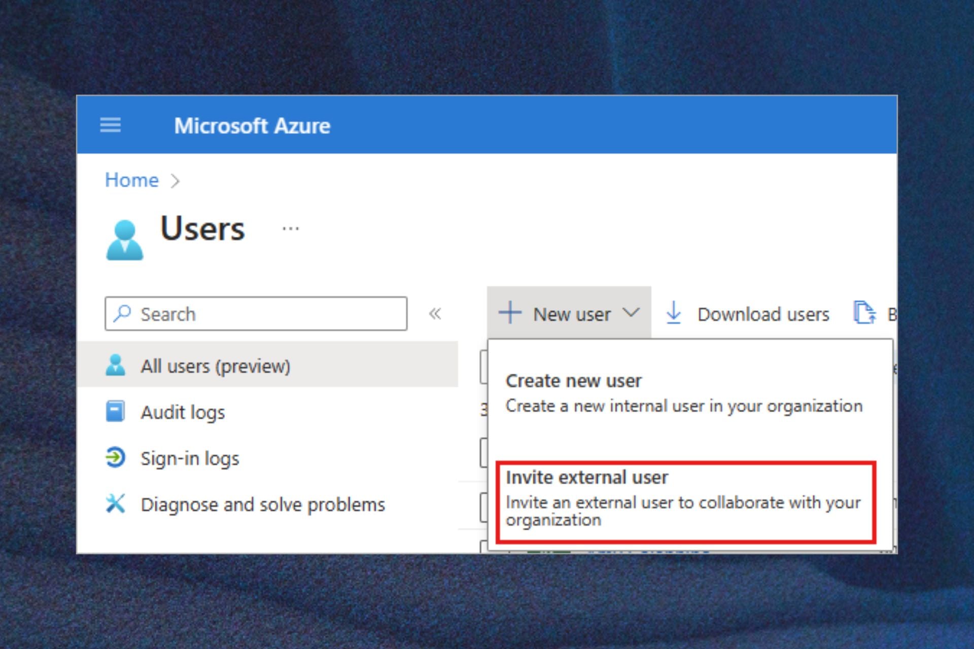 Экран приглашения внешнего пользователя в Azure Active Directory