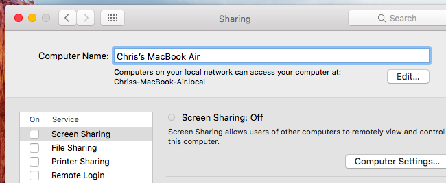 Системные параметры macOS: поле имя компьютера в разделе Общий доступ
