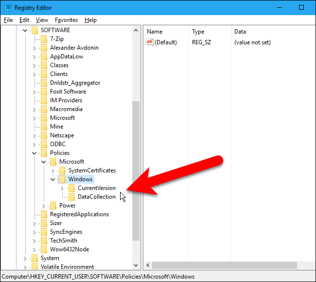 Нет ключа Explorer: левый столбец реестра с выделенным разделом Windows