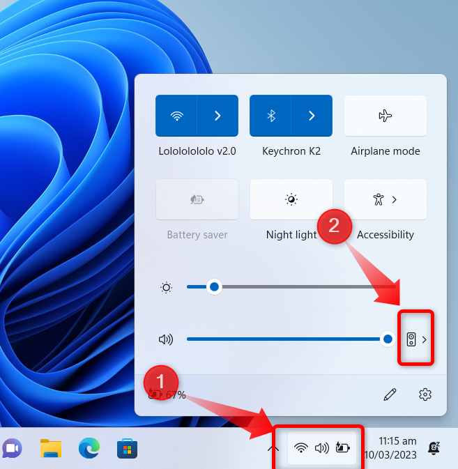 Откройте список устройств вывода звука через панель быстрых настроек