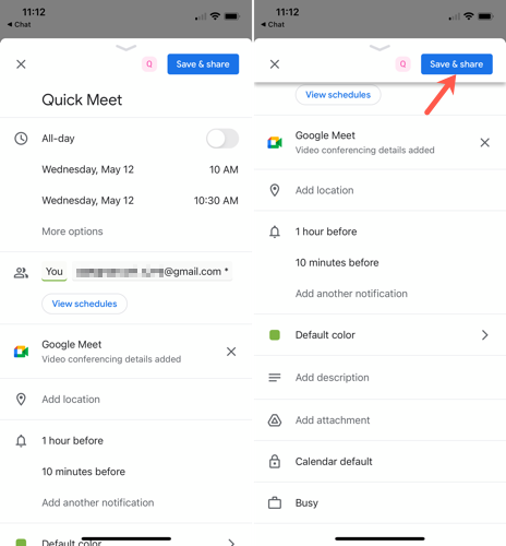 Заполните данные события в Google Calendar на мобильном и нажмите Сохранить и отправить