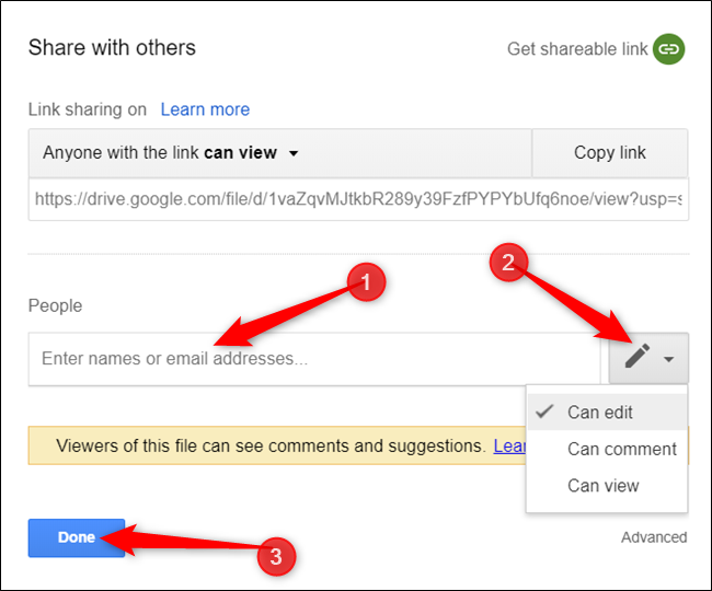 Окно совместного доступа: введите email, выберите права и нажмите «Готово».