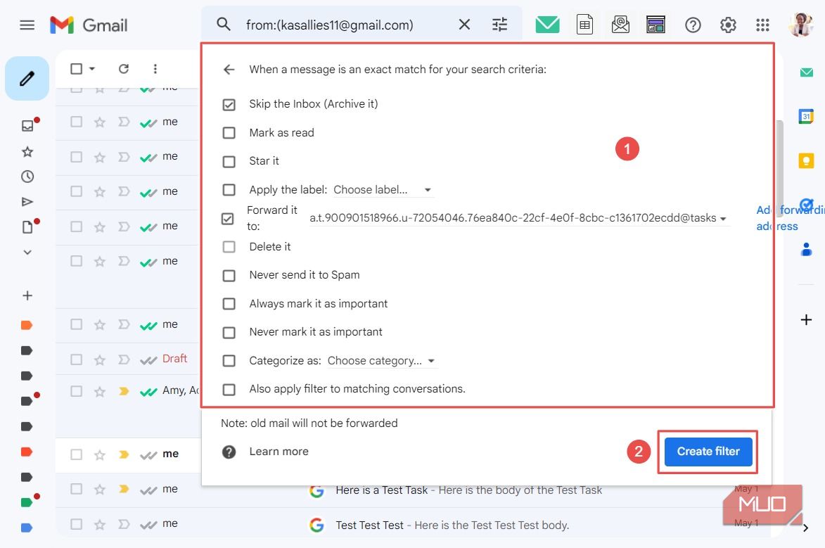 Действия фильтра в Gmail