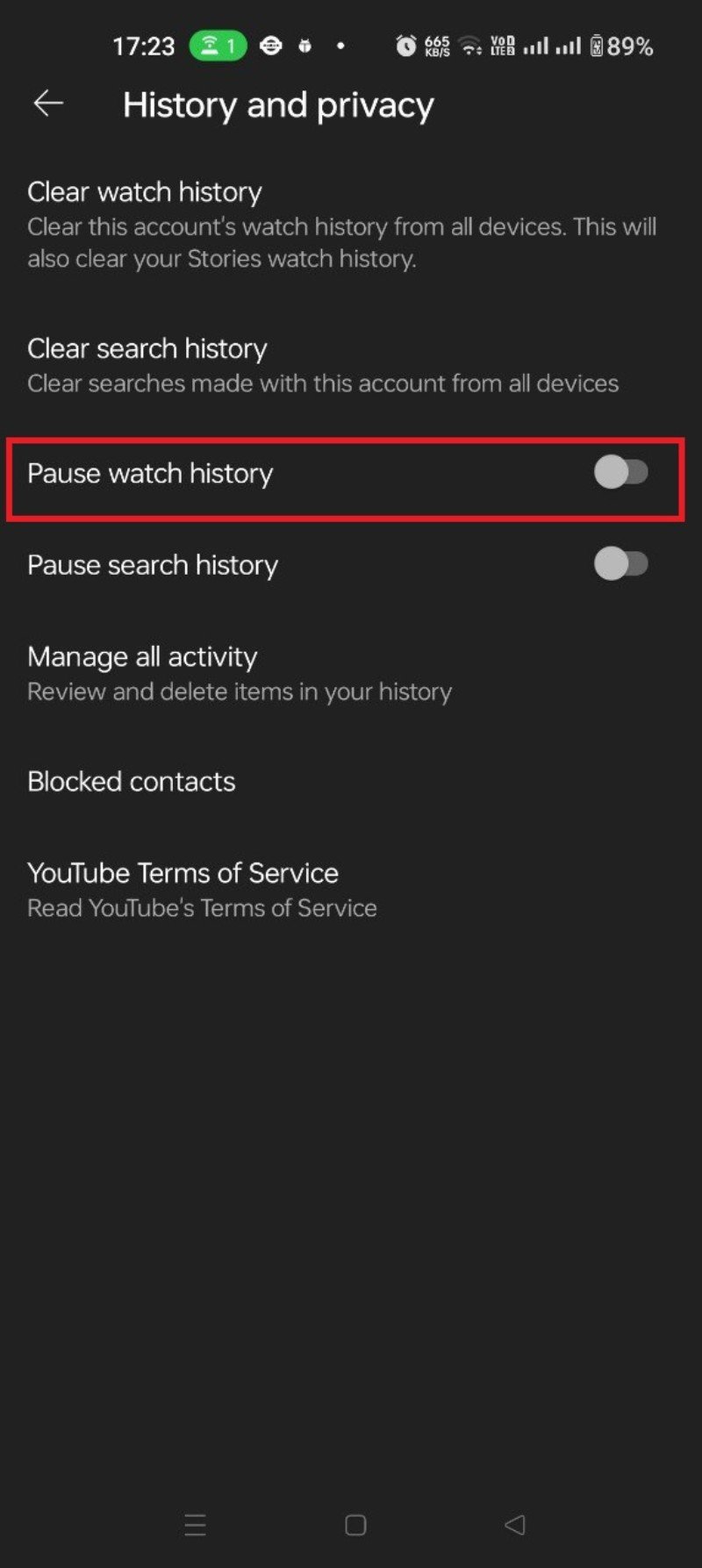 confirmación de pausa del historial en Android