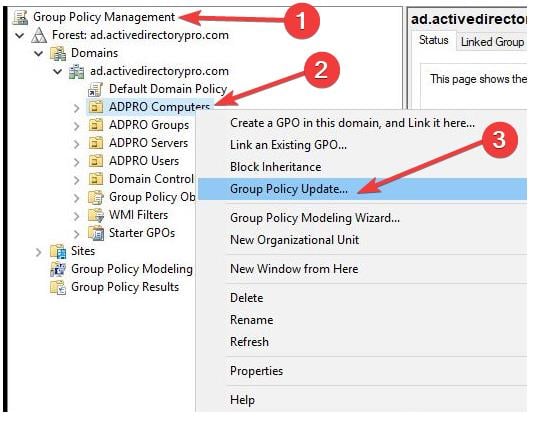 Групповая политика: обновление политики для группы терминалов