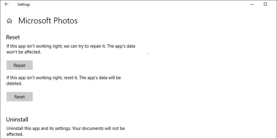 Окно восстановления приложения в Windows 10