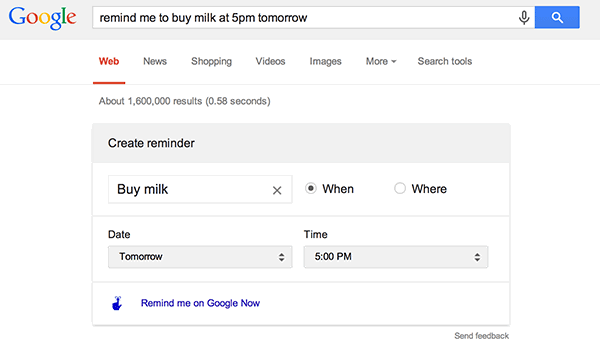 Подтверждение создания напоминания в Google Now