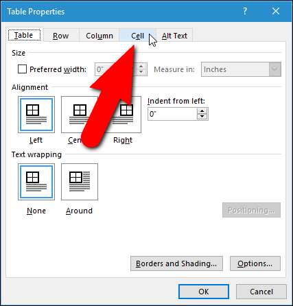 Вкладка Ячейка в Свойствах таблицы