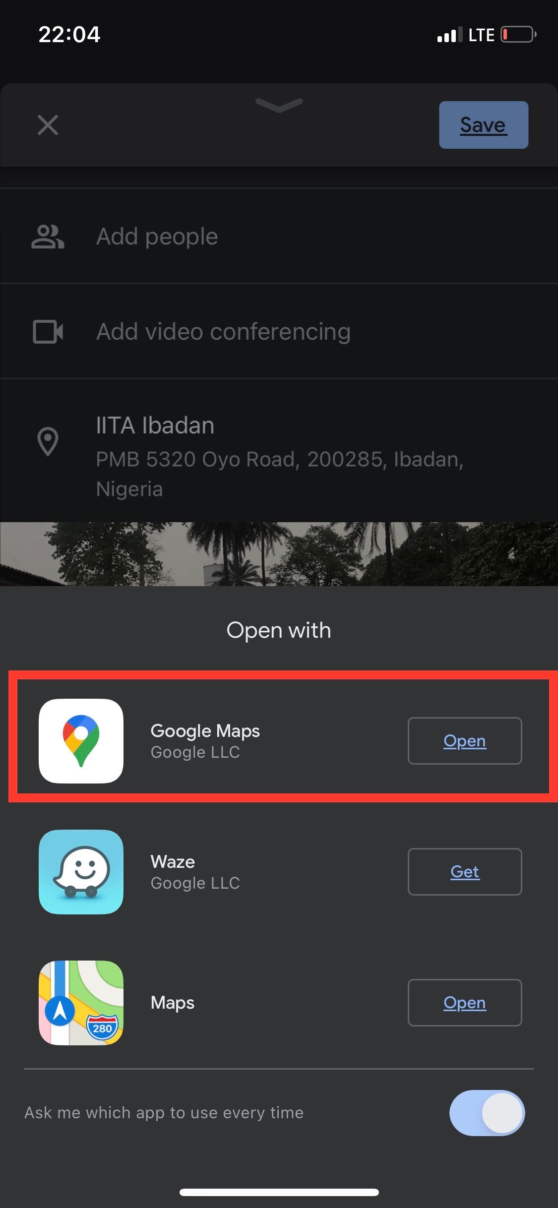 Переход в приложение Google Maps из Google Календаря для просмотра места