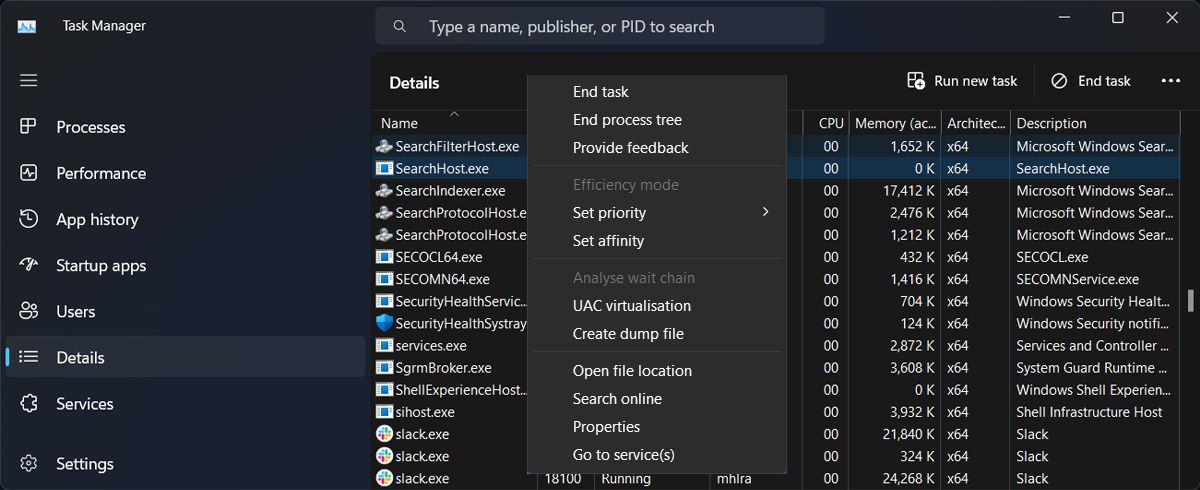 Завершение процесса SearchHost.exe