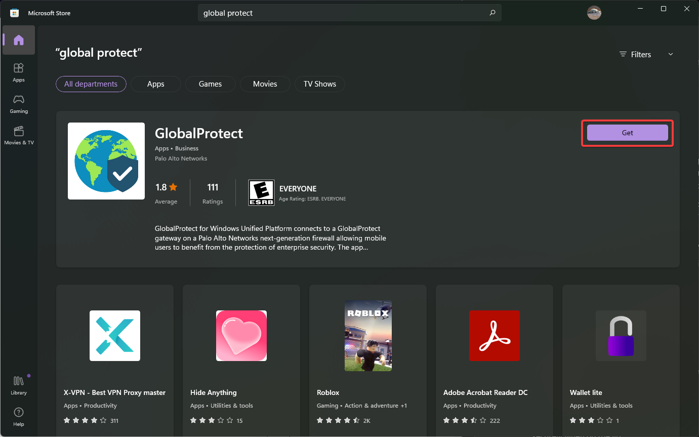 Кнопка «Get» в Microsoft Store для GlobalProtect.