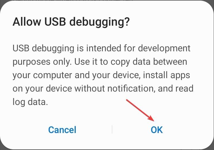Подтверждение «OK» для включения отладки