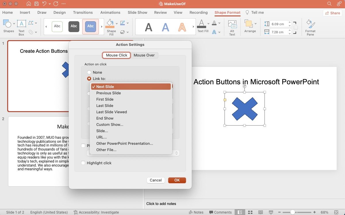 Опции ссылки на, доступные для назначаемого действия