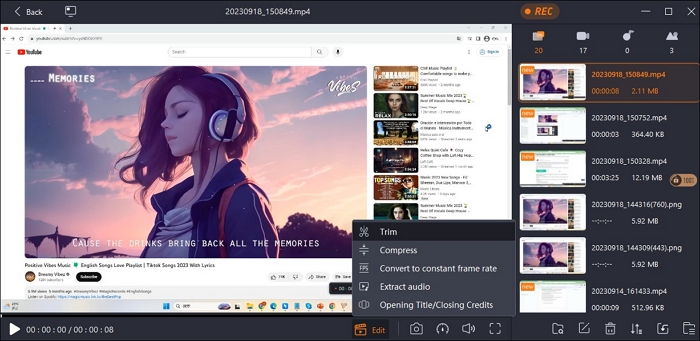 Список записанных файлов и инструменты редактирования в EaseUS RecExperts