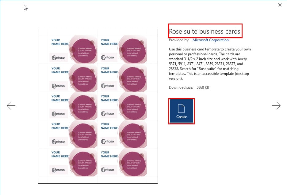 Кнопка создания шаблона визитки