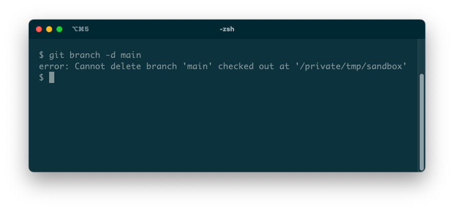 Сообщение об ошибке git, объясняющее, что основную ветку нельзя удалить