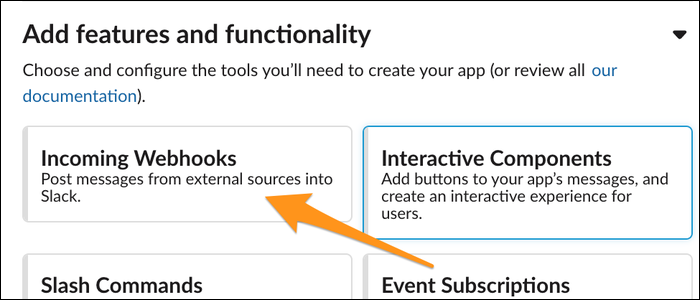 Вкладка Incoming Webhooks в портале Slack API для создания webhook'а