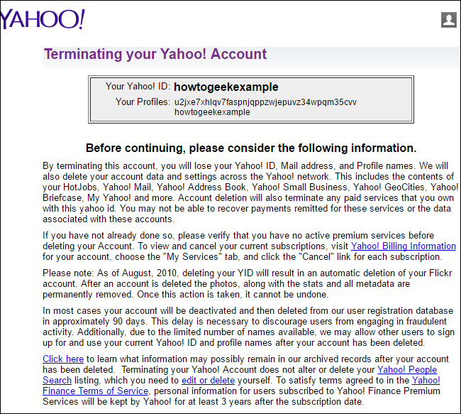 Подтверждение удаления аккаунта Yahoo