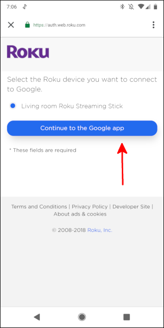 Выбор устройства Roku для связывания с Google Assistant