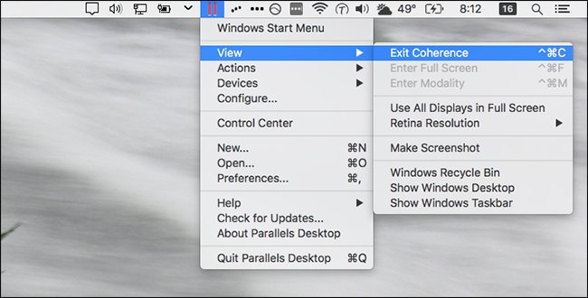 Выход из Coherence через меню Parallels