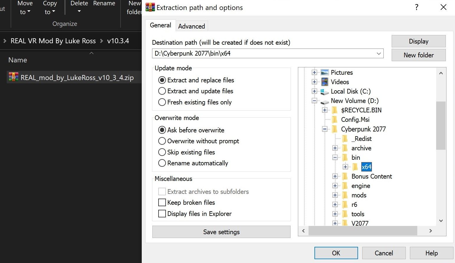 Распакуйте файлы R.E.A.L VR в папку с Cyberpunk 2077.exe