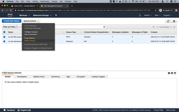 Выбор удаления очередей через Quick Actions