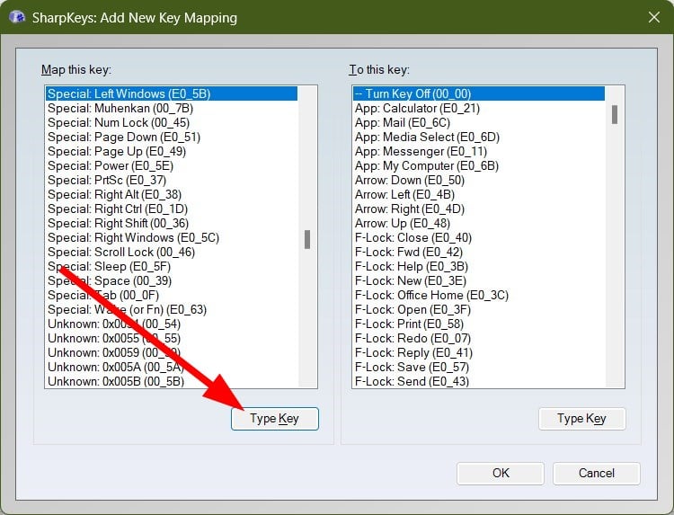 SharpKeys: окно Type Key для определения нажатия