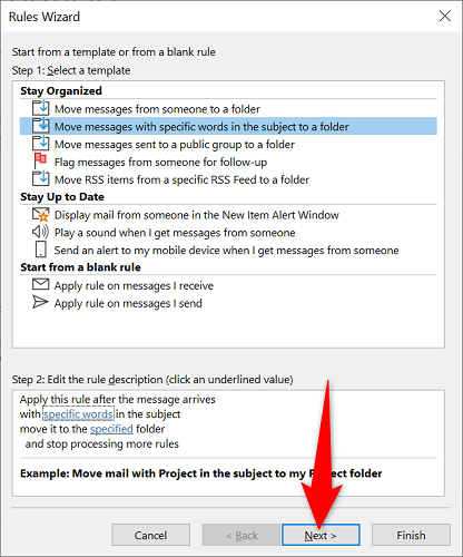 Выбор шаблона в мастере правил.