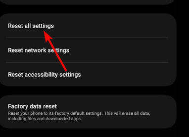 Опция Reset all settings в настройках Samsung