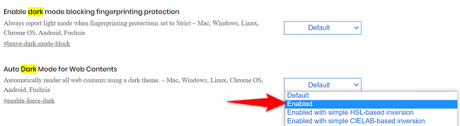 Включение Auto Dark Mode for Web Contents в Brave.
