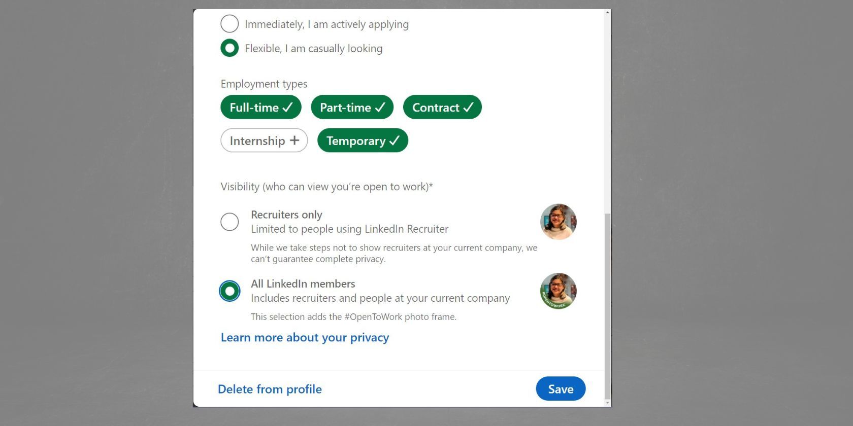 Включение статуса Open to Work и зелёная рамка на фото