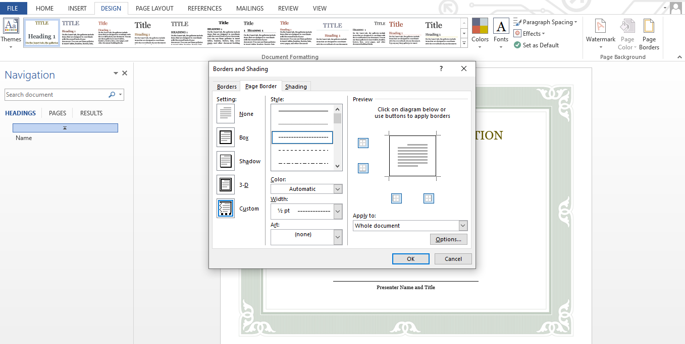 Диалог с вкладкой границ и доступными параметрами границ
