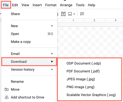 Выберите Файл, Скачать в Google Drawings.