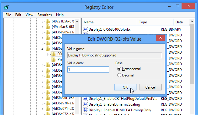 Несколько найденных в реестре ключей Display1_DownScalingSupported