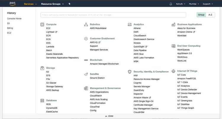 Выбор S3 в меню Services