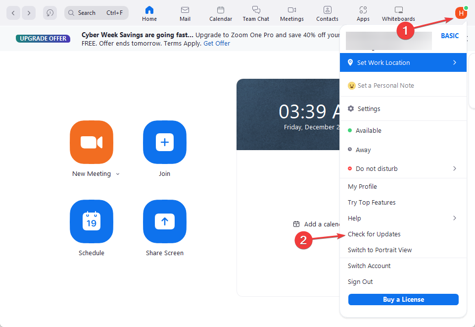 Проверка обновлений в профиле Zoom