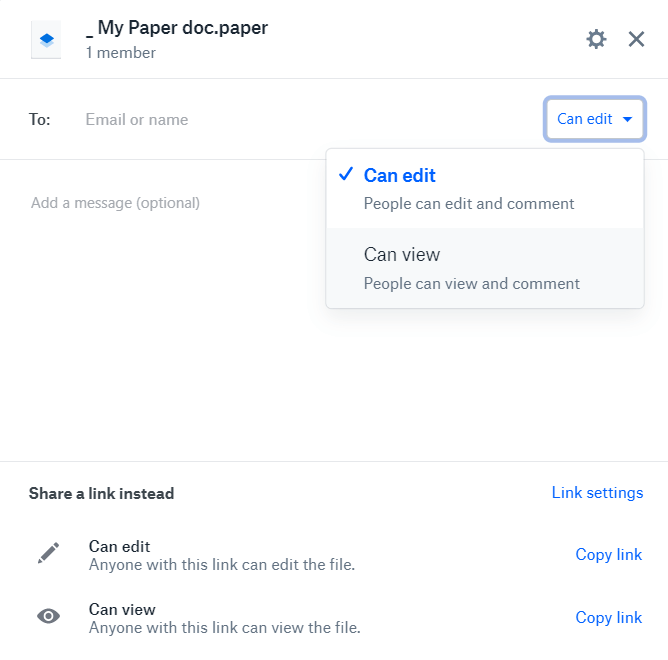 Opzioni di condivisione Dropbox con 'Can edit'