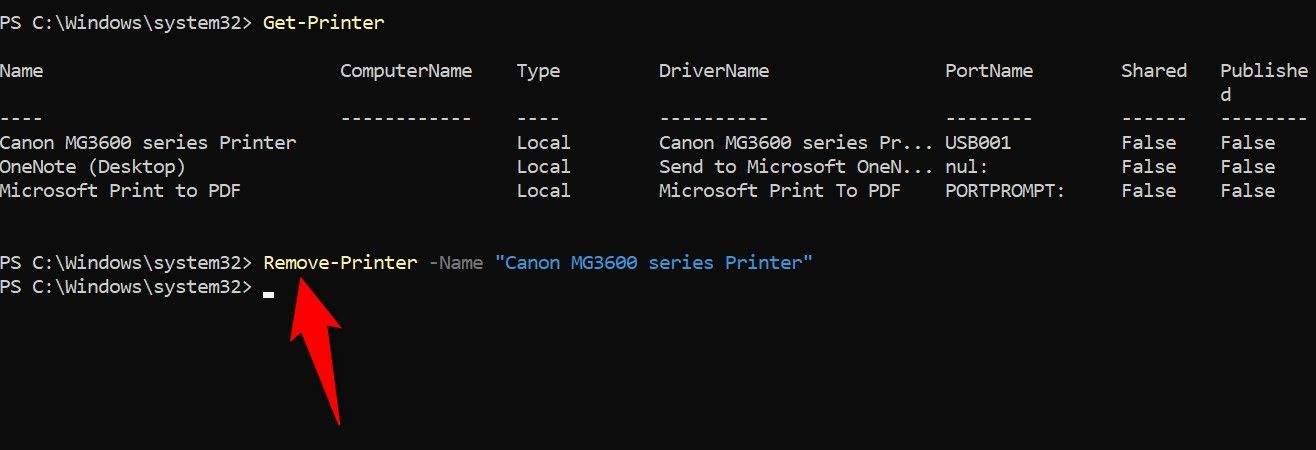 'Команда Remove-Printer в PowerShell, удаление выбранного принтера.'