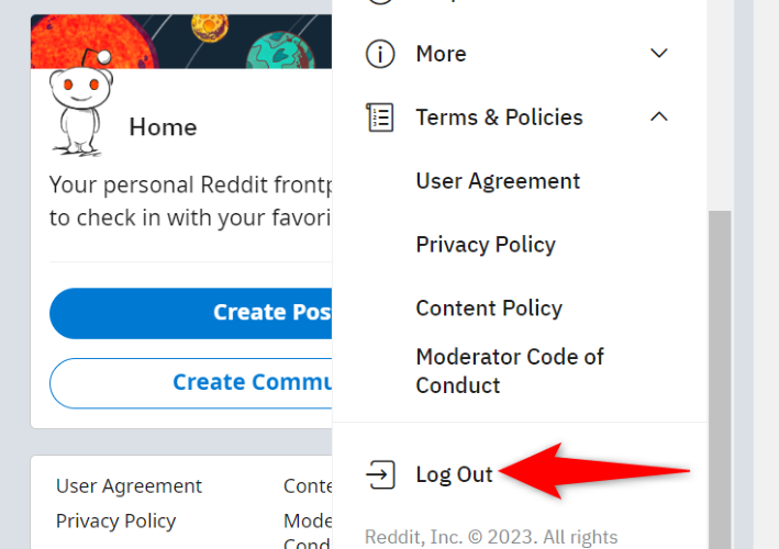 В меню пользователя прокрутите вниз и выберите «Log Out»