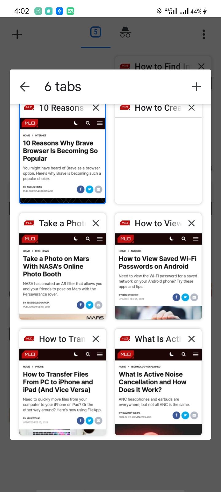 Шесть вкладок в одной группе в переключателе вкладок
