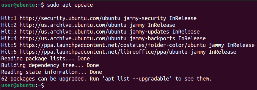 Терминал Linux с командой apt update для обновления списка пакетов
