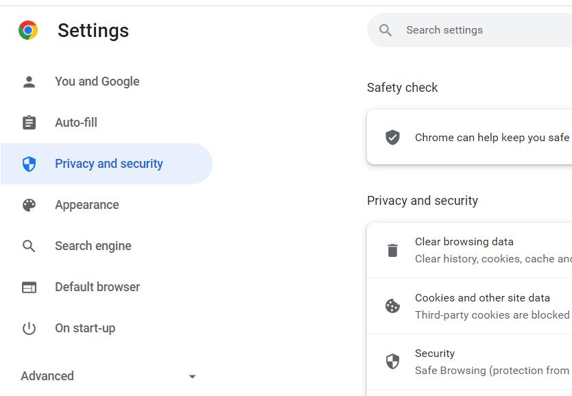 Вкладка Конфиденциальность и безопасность в Google Chrome