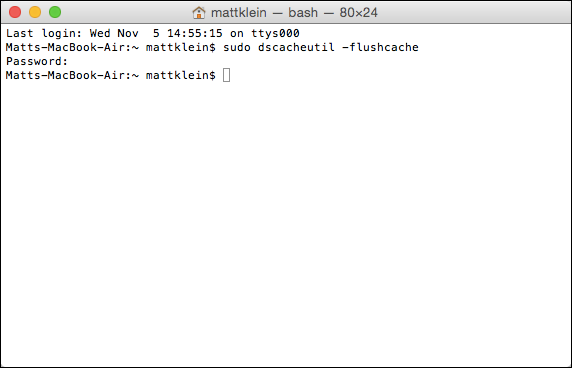 Терминал macOS для очистки DNS-кэша