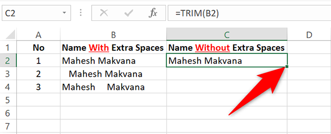 Протягивание ячейки с функцией TRIM вниз