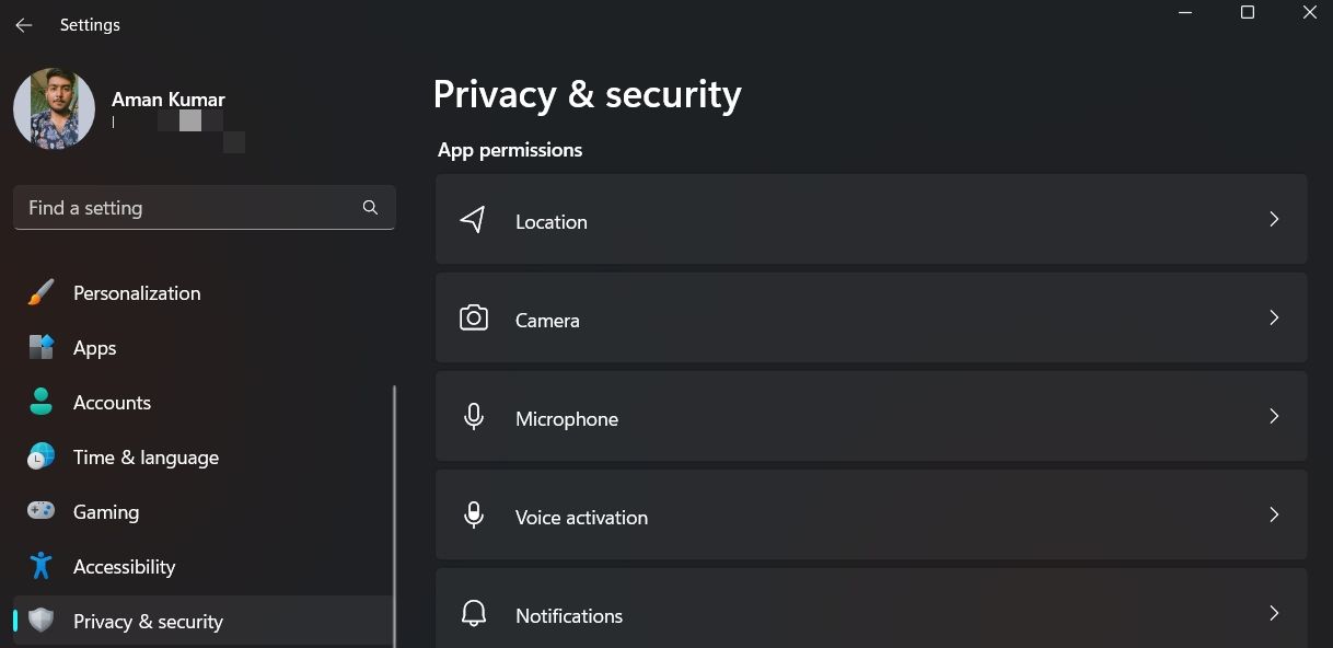 Параметры доступа к камере в меню настроек