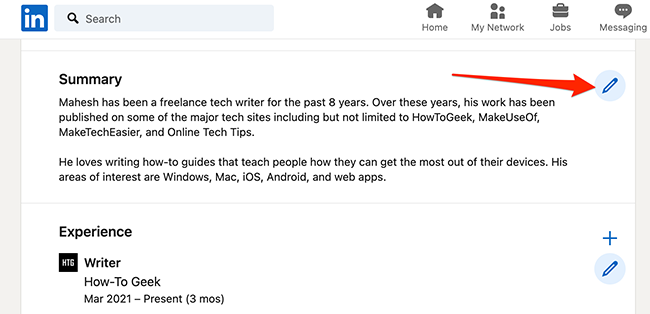 Нажмите значок карандаша рядом с секцией в конструкторе резюме LinkedIn