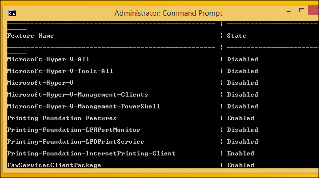 Окно с именами и состояниями функций Windows.
