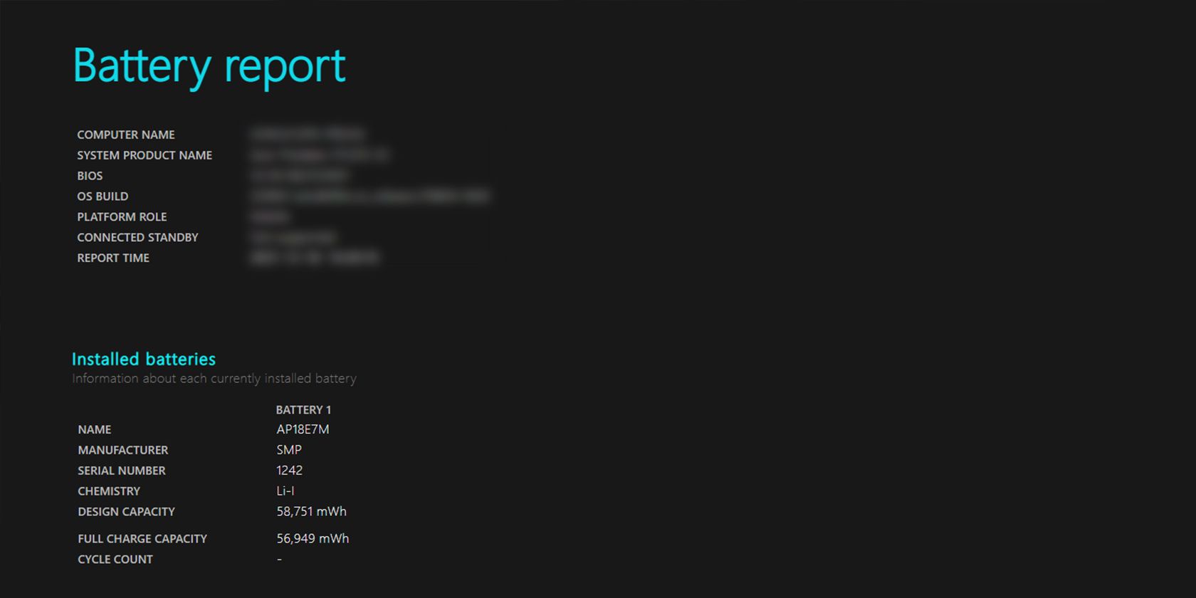 Battery report large showing design capacity and full charge capacity